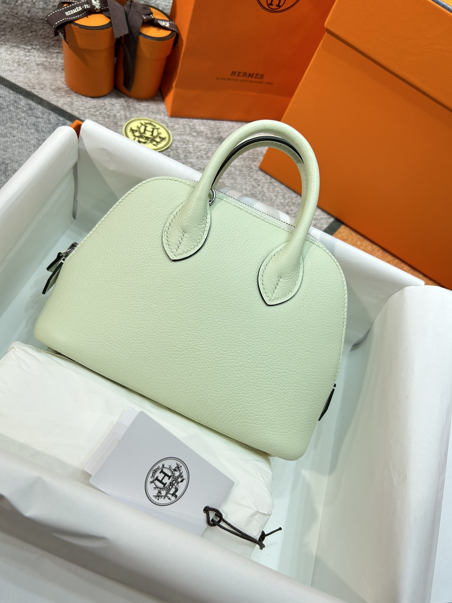 Hermes Bolide 1923 Mini Handbag Shoulder Bag In Pale Green Evercolor Leather